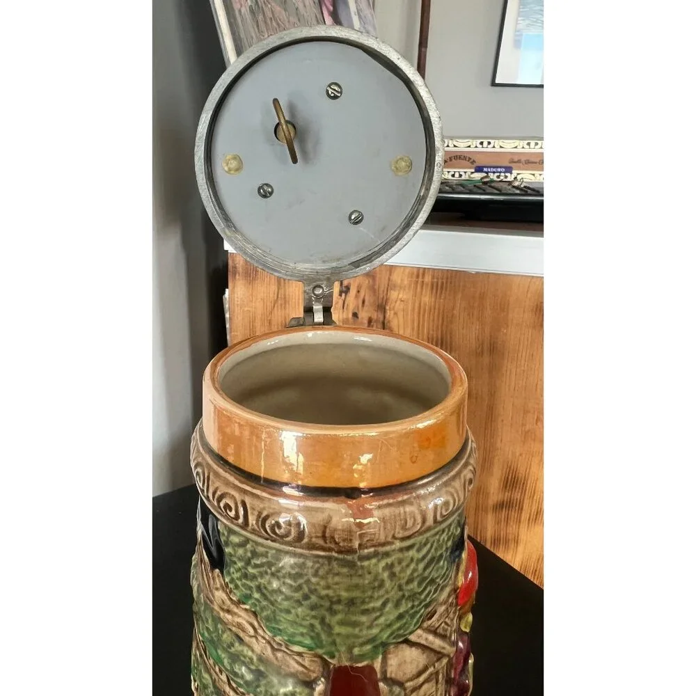 Vintage German musical beer stein,  embossed painted scenes, hinged pewter lid